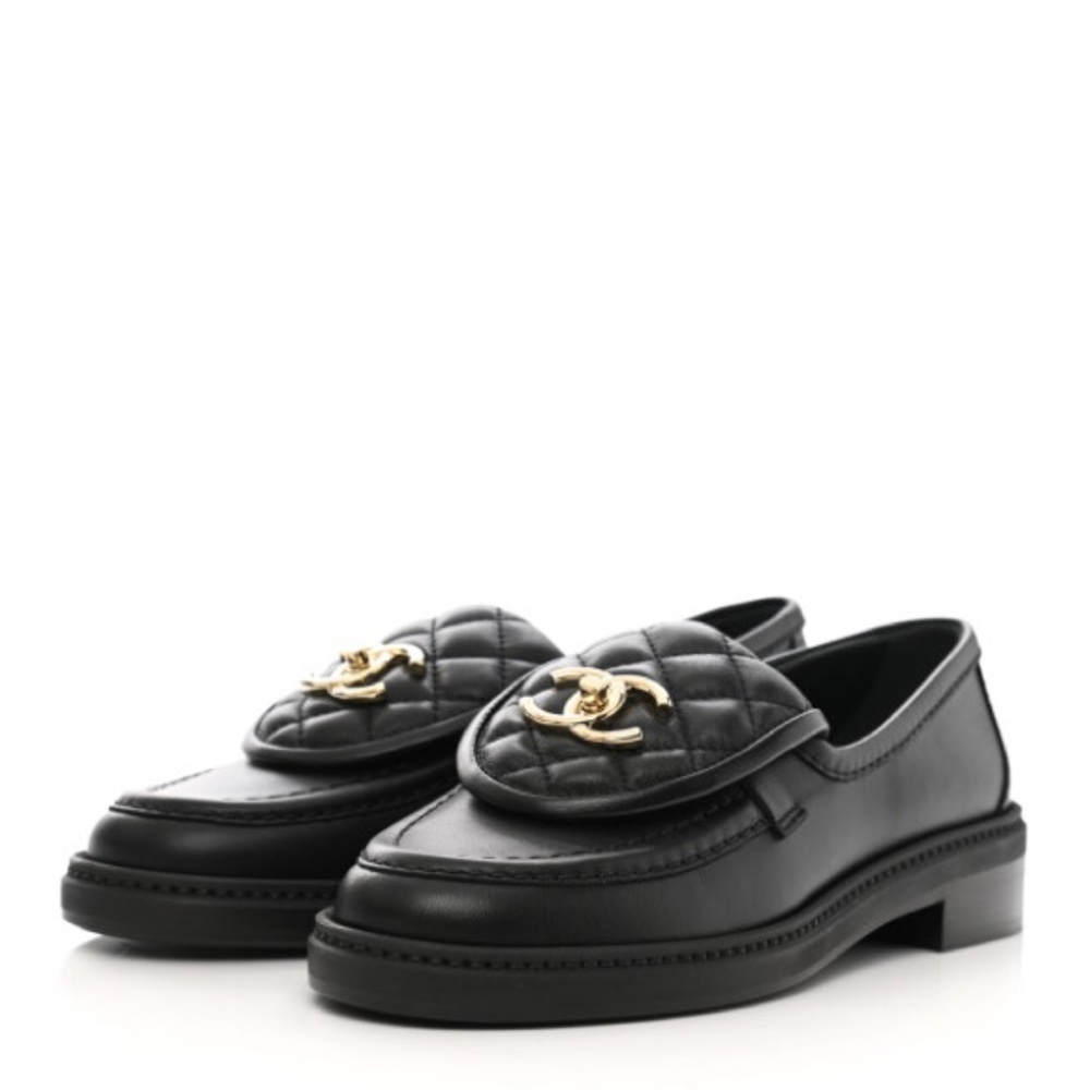 Chanel Lambskin Quilted CC Turnlock Loafers 37 Black
